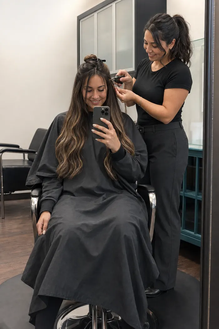 Client and beauty professional together during an extension appointment